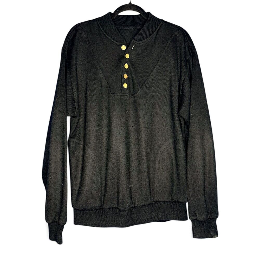 Mens Black Vintage Classic Aesthetic Knit Henley Pullover Sweater Warm 1990s - L